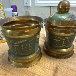 Vintage Brass and Green Coffee Canisters